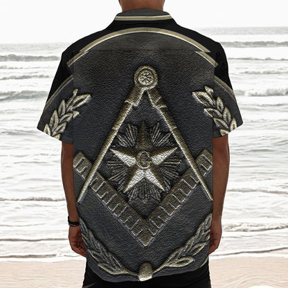 Freemasonry Medal Print Textured Short Sleeve Shirt