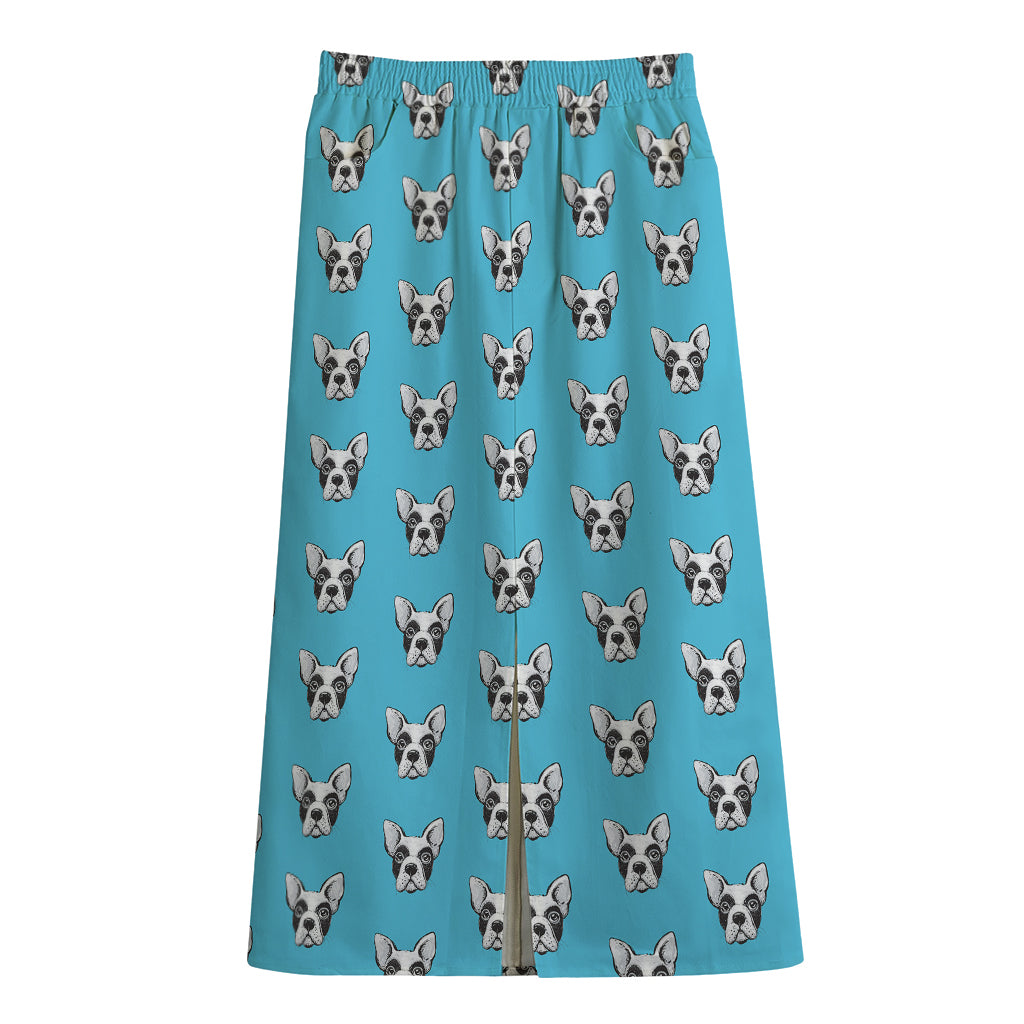 French Bulldog Faces Pattern Print Cotton Front Slit Maxi Skirt