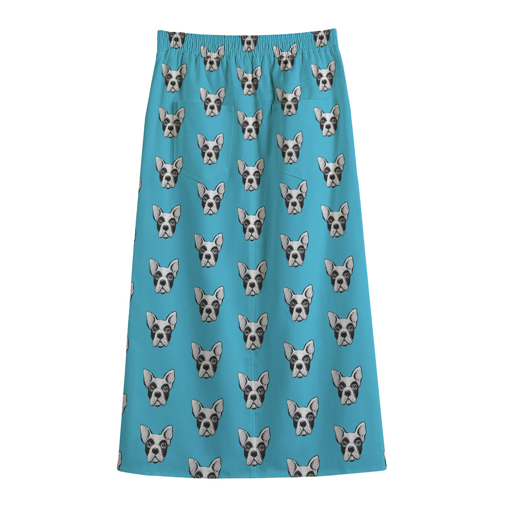 French Bulldog Faces Pattern Print Cotton Front Slit Maxi Skirt