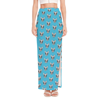 French Bulldog Faces Pattern Print High Slit Maxi Skirt