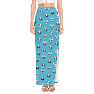 French Bulldog Faces Pattern Print High Slit Maxi Skirt