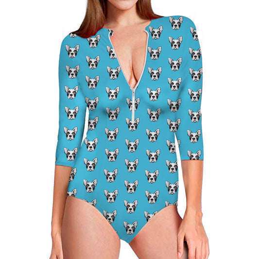 French Bulldog Faces Pattern Print Long Sleeve Swimsuit