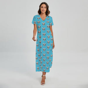 French Bulldog Faces Pattern Print Short Sleeve Maxi Dress