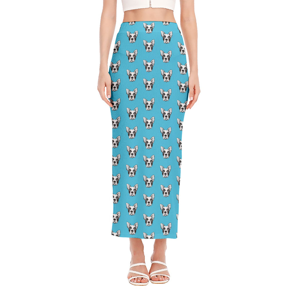 French Bulldog Faces Pattern Print Side Slit Maxi Skirt