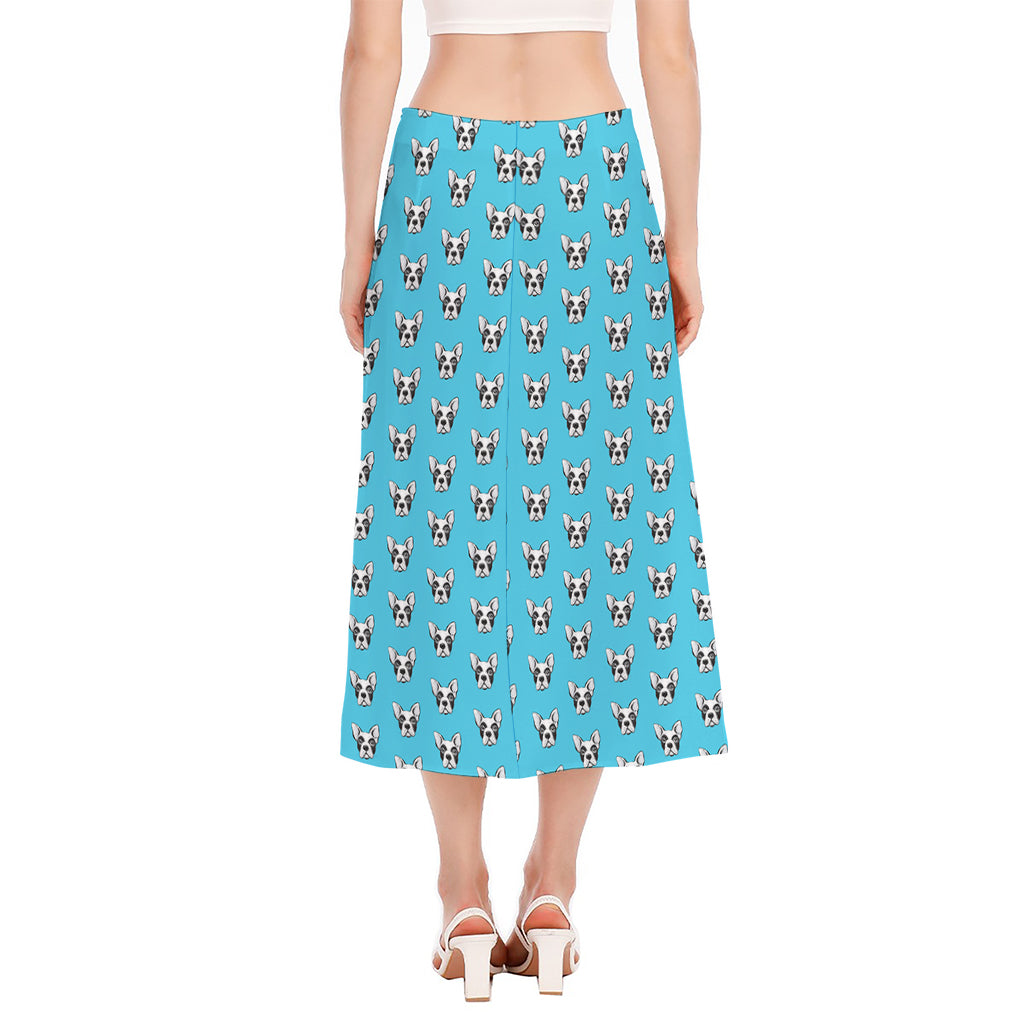 French Bulldog Faces Pattern Print Side Slit Midi Skirt