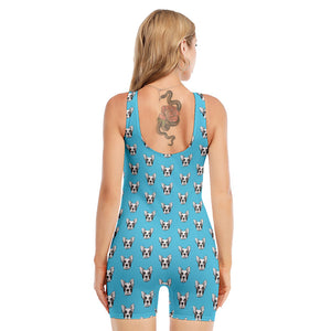 French Bulldog Faces Pattern Print Sleeveless One Piece Swimsuit