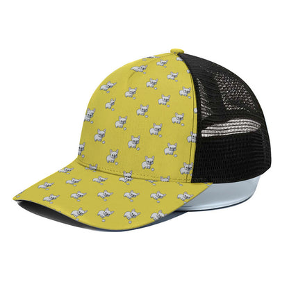 French Bulldog Puppy With Baseball Print Black Mesh Trucker Cap