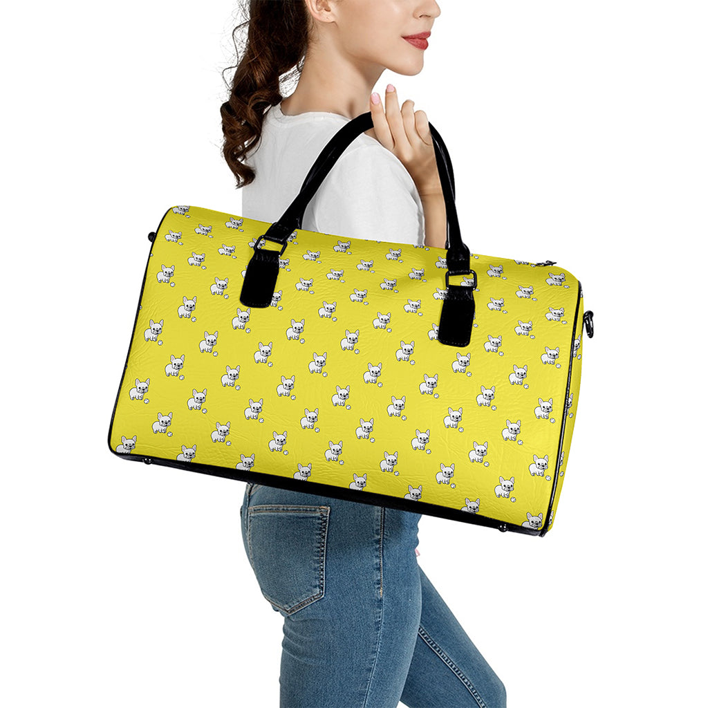French Bulldog Puppy With Baseball Print Leather Duffle Bag