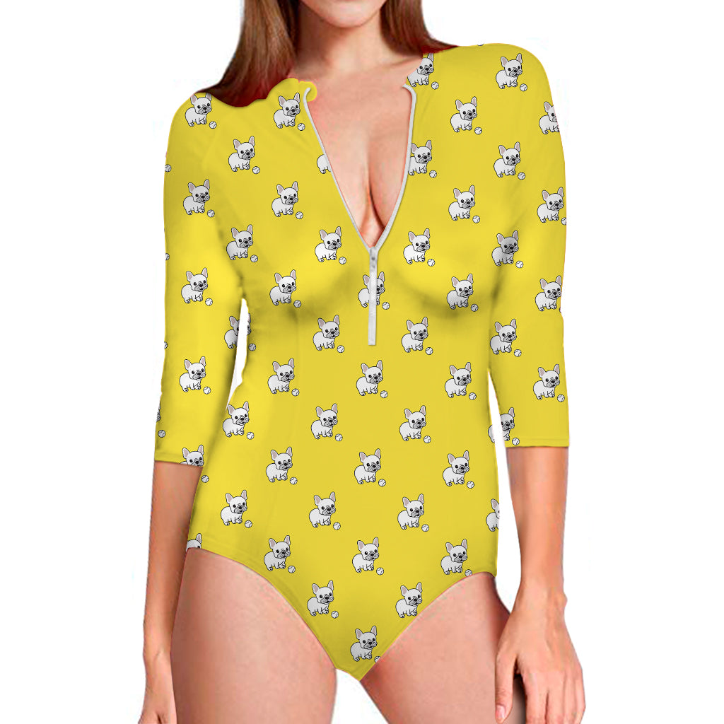 French Bulldog Puppy With Baseball Print Long Sleeve Swimsuit