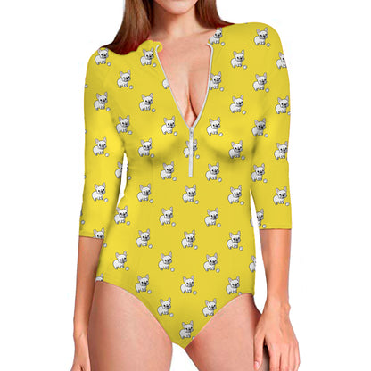 French Bulldog Puppy With Baseball Print Long Sleeve Swimsuit