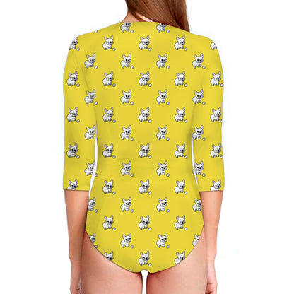 French Bulldog Puppy With Baseball Print Long Sleeve Swimsuit