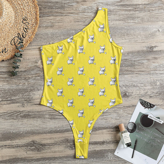 French Bulldog Puppy With Baseball Print One Shoulder Bodysuit