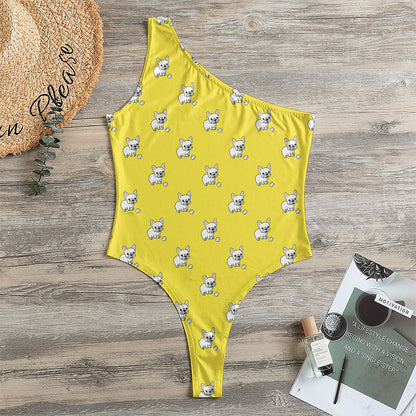 French Bulldog Puppy With Baseball Print One Shoulder Bodysuit