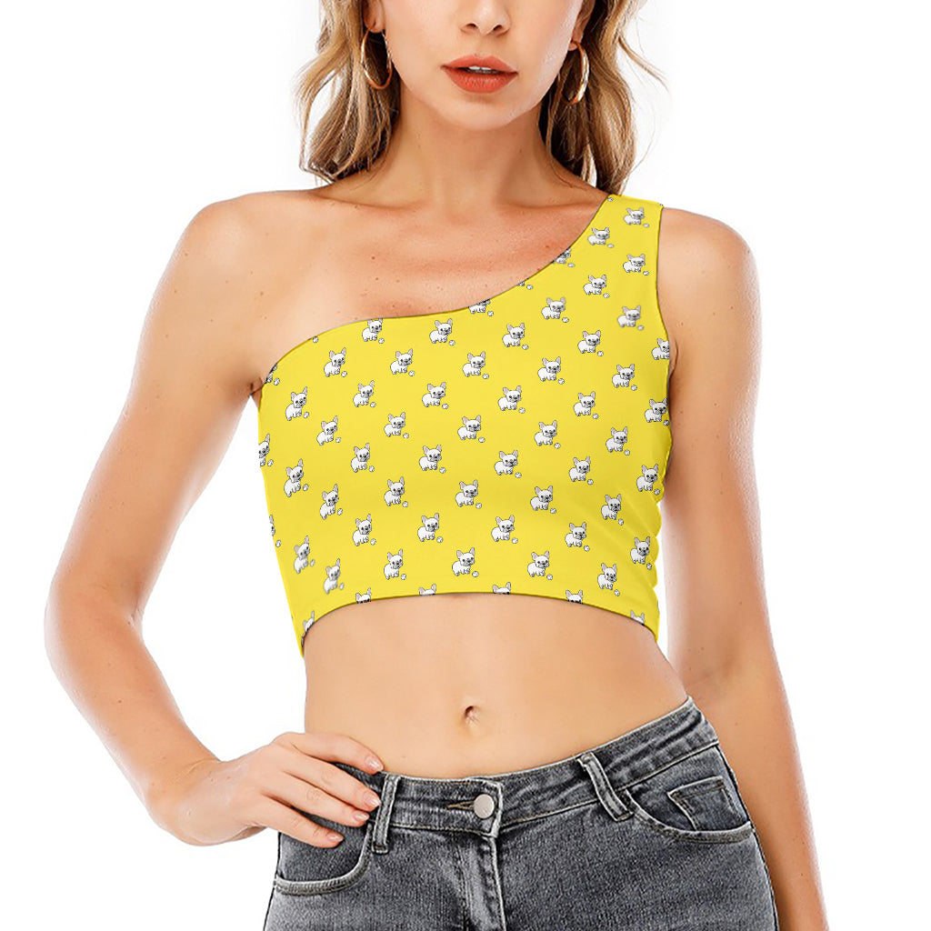 French Bulldog Puppy With Baseball Print One Shoulder Crop Top