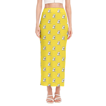 French Bulldog Puppy With Baseball Print Side Slit Maxi Skirt