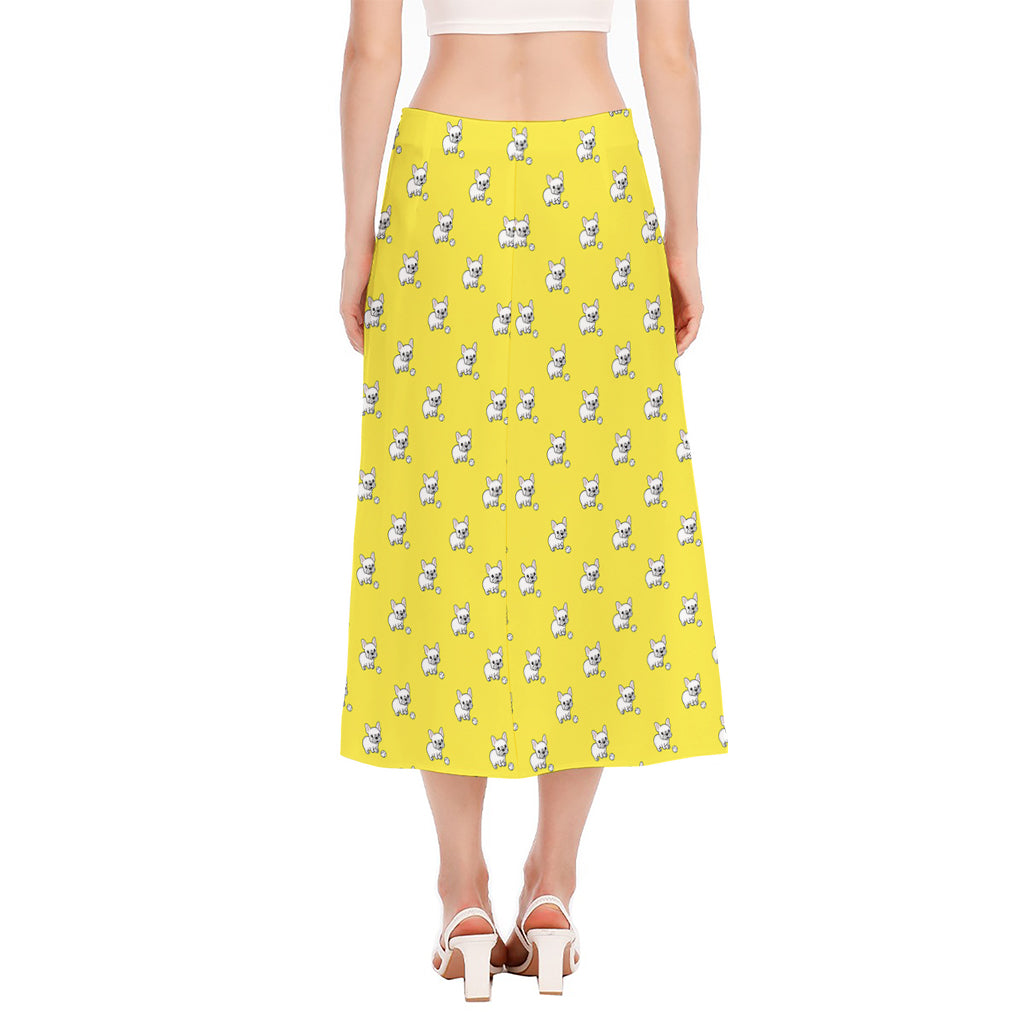 French Bulldog Puppy With Baseball Print Side Slit Midi Skirt