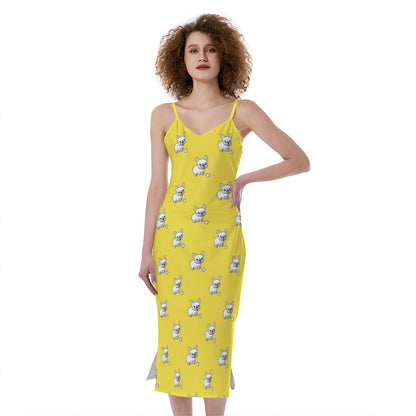 French Bulldog Puppy With Baseball Print Slim Fit Midi Cami Dress