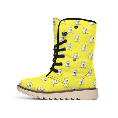 French Bulldog Puppy With Baseball Print Winter Boots
