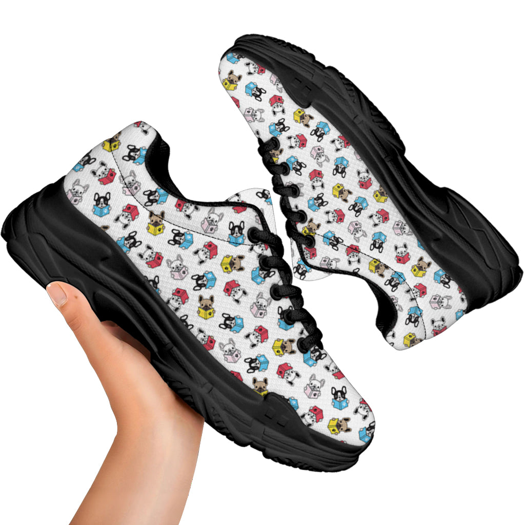 French Bulldog Reading Book Print Black Chunky Shoes