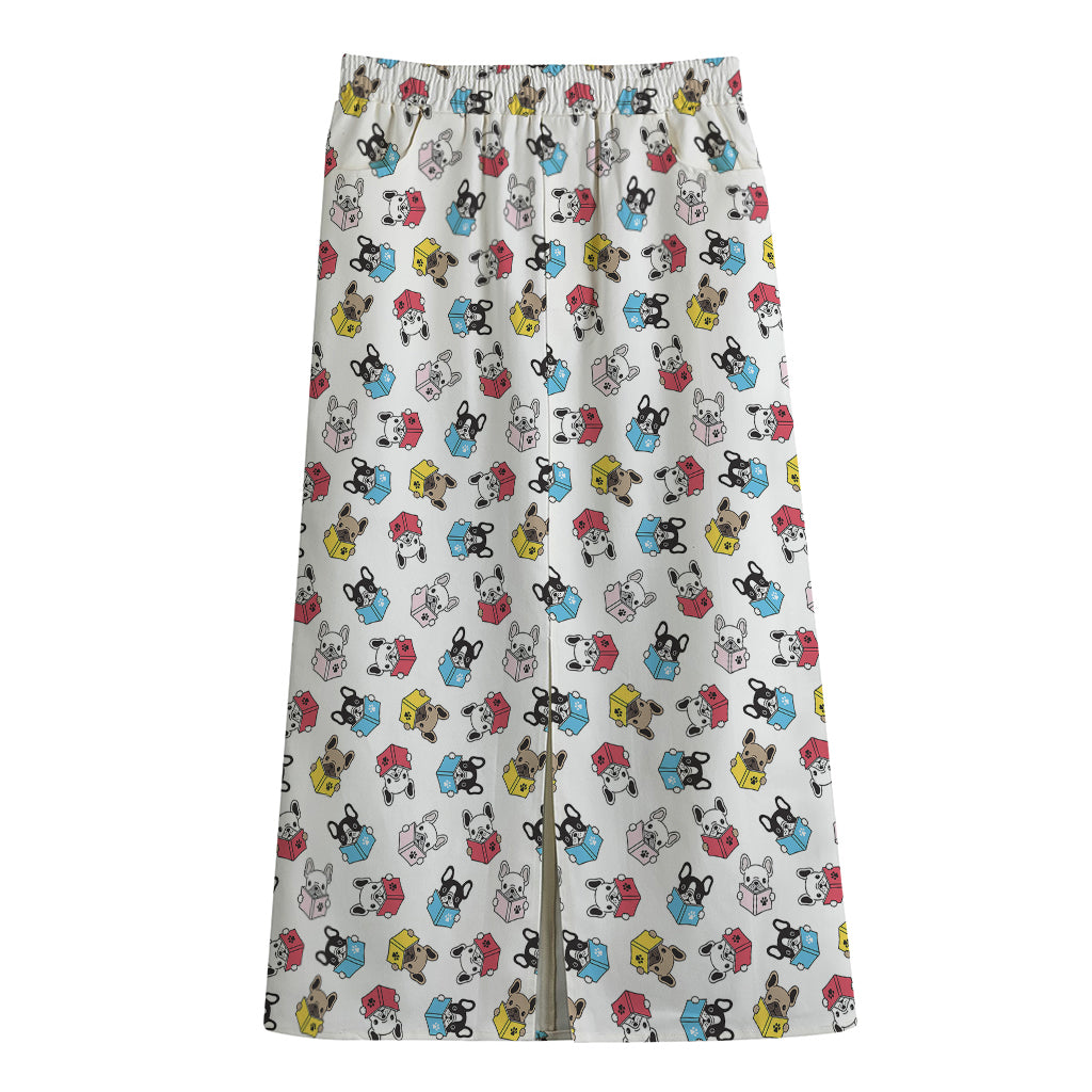 French Bulldog Reading Book Print Cotton Front Slit Maxi Skirt