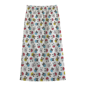 French Bulldog Reading Book Print Cotton Front Slit Maxi Skirt