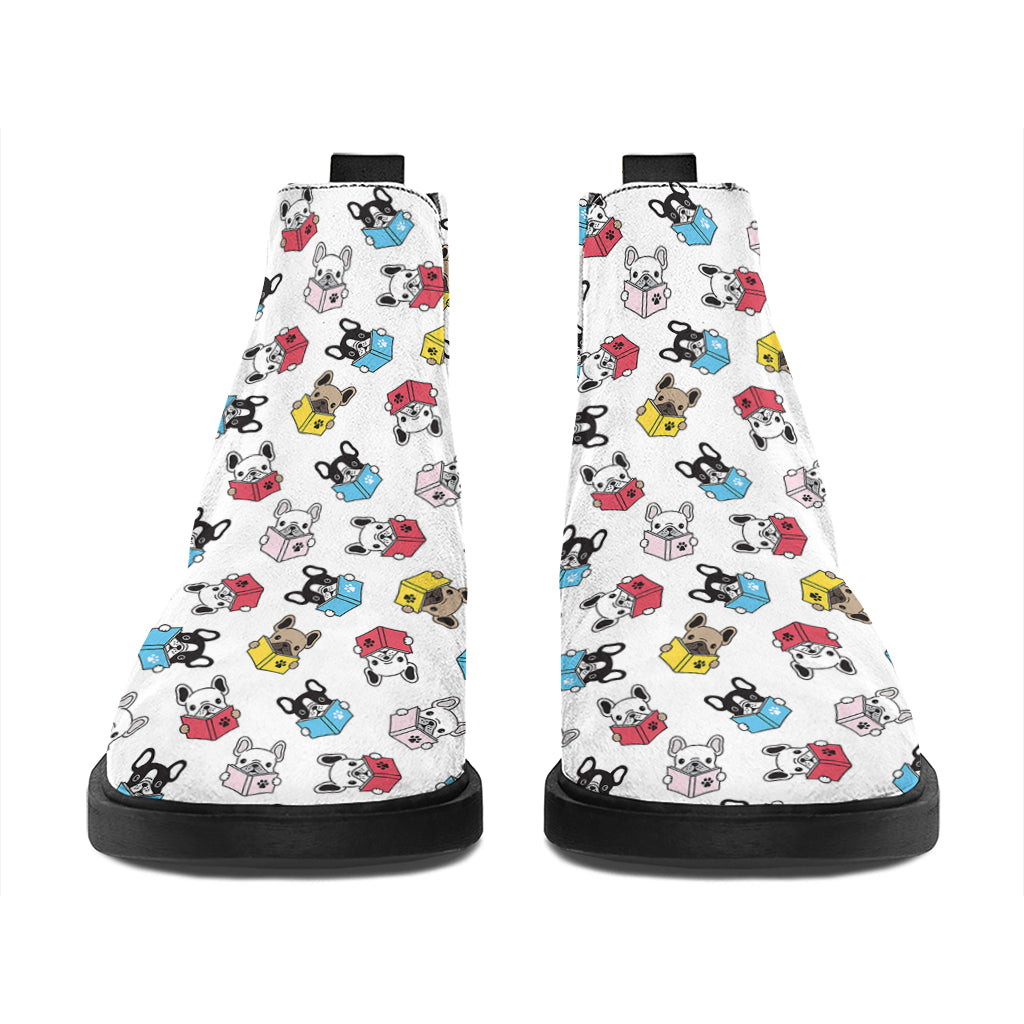 French Bulldog Reading Book Print Flat Ankle Boots