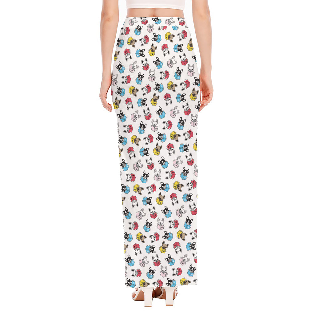 French Bulldog Reading Book Print High Slit Maxi Skirt