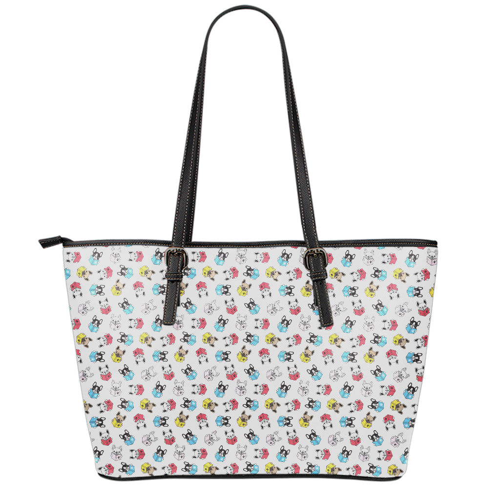 French Bulldog Reading Book Print Leather Tote Bag
