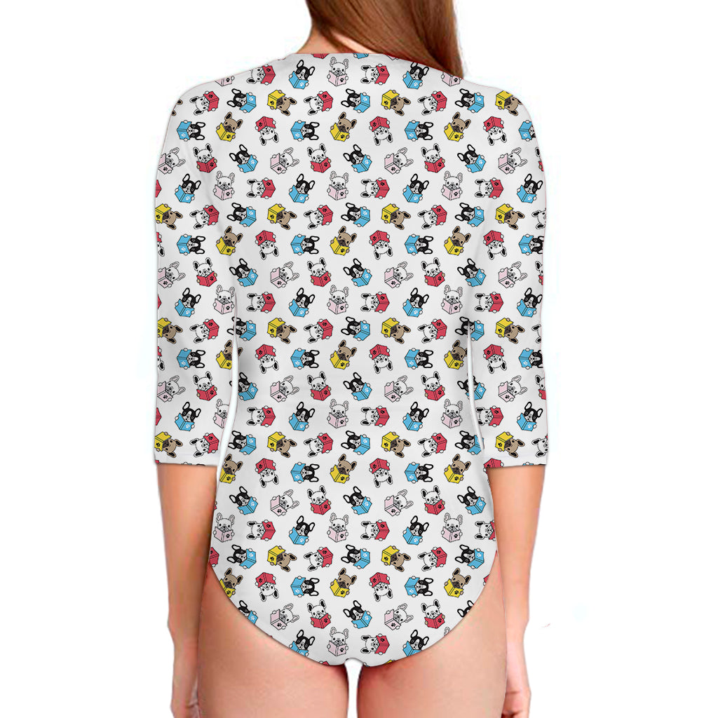 French Bulldog Reading Book Print Long Sleeve Swimsuit