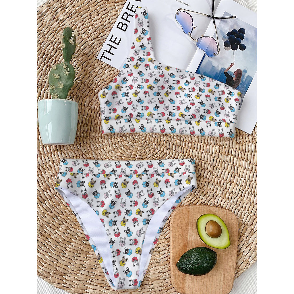 French Bulldog Reading Book Print One Shoulder Bikini Top