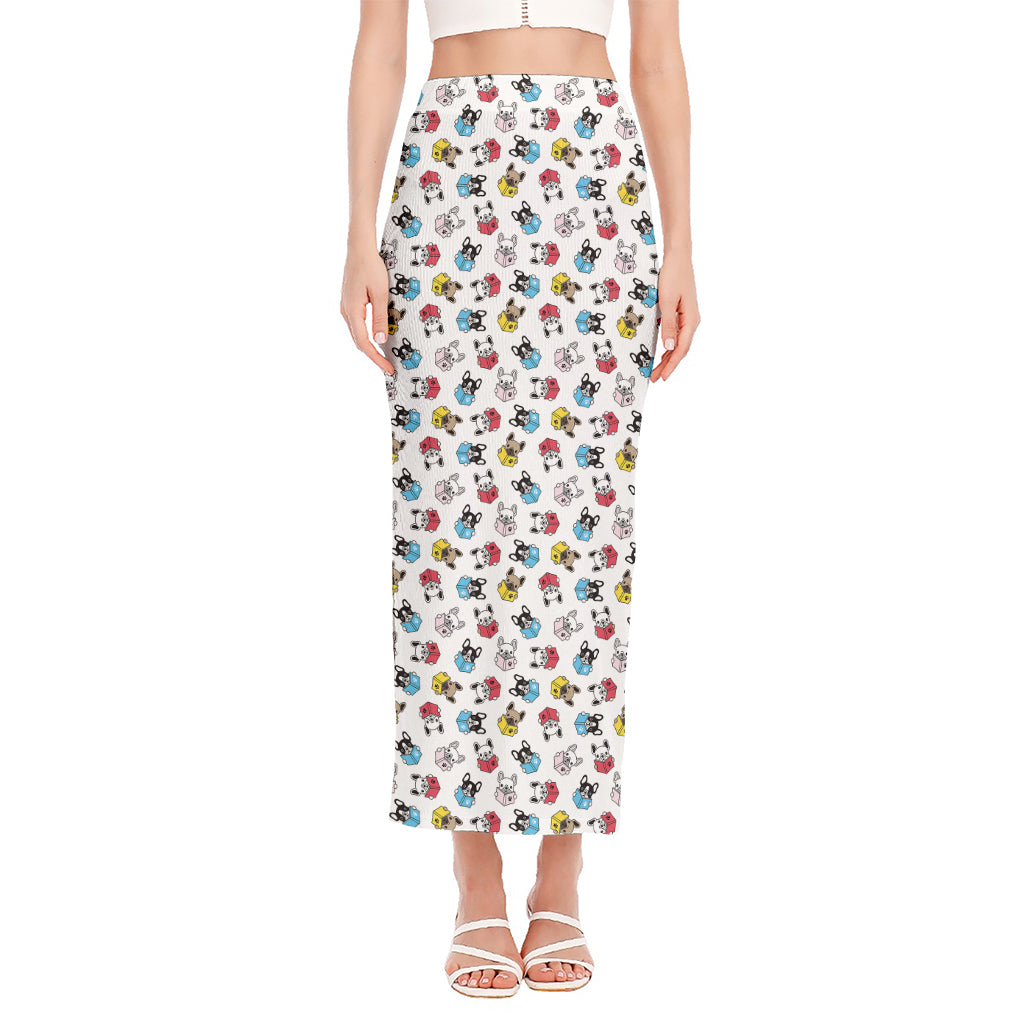 French Bulldog Reading Book Print Side Slit Maxi Skirt