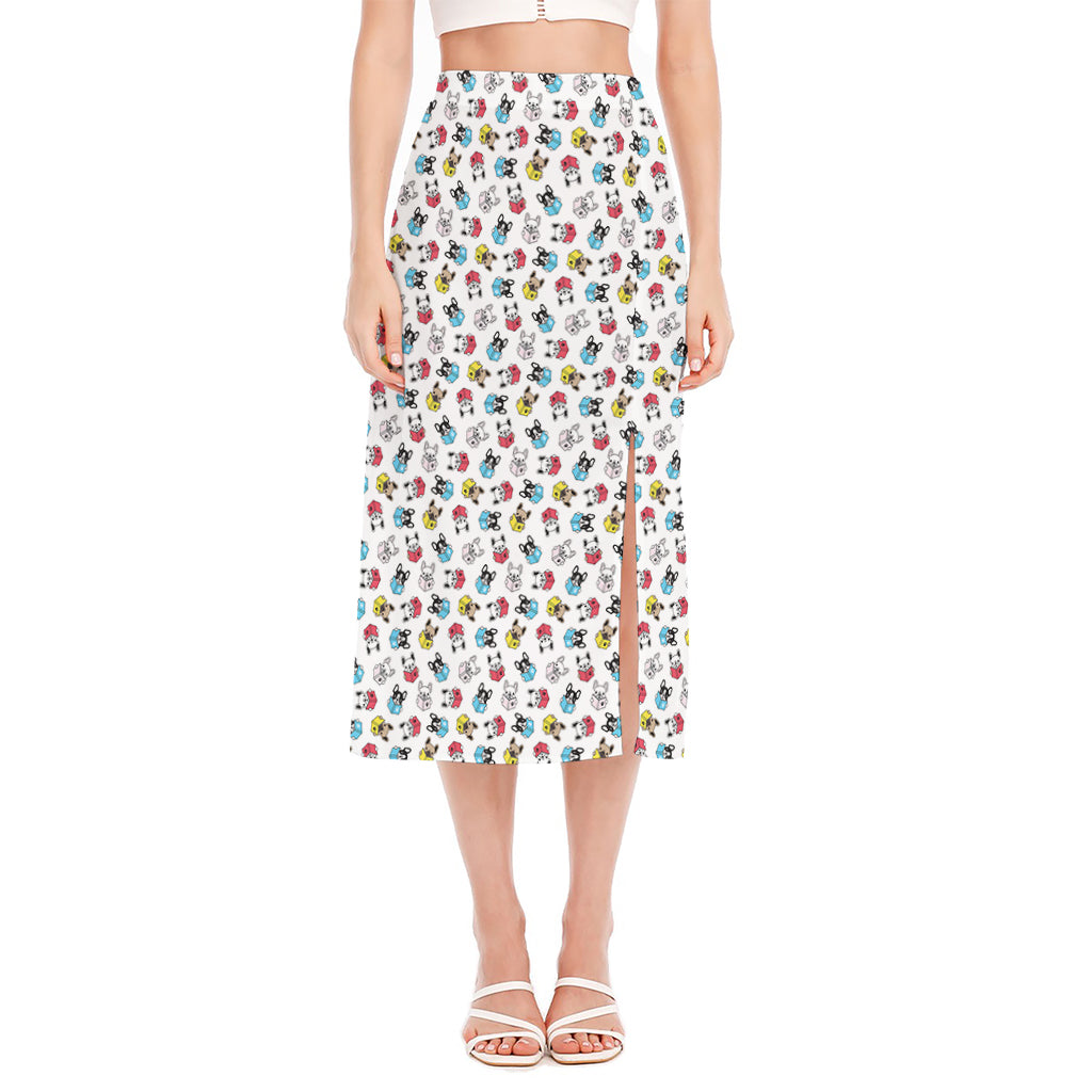 French Bulldog Reading Book Print Side Slit Midi Skirt