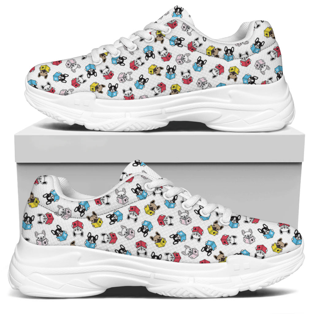 French Bulldog Reading Book Print White Chunky Shoes
