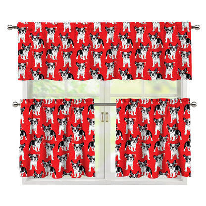 French Bulldog With Glasses Print 3 Piece Kitchen Curtains