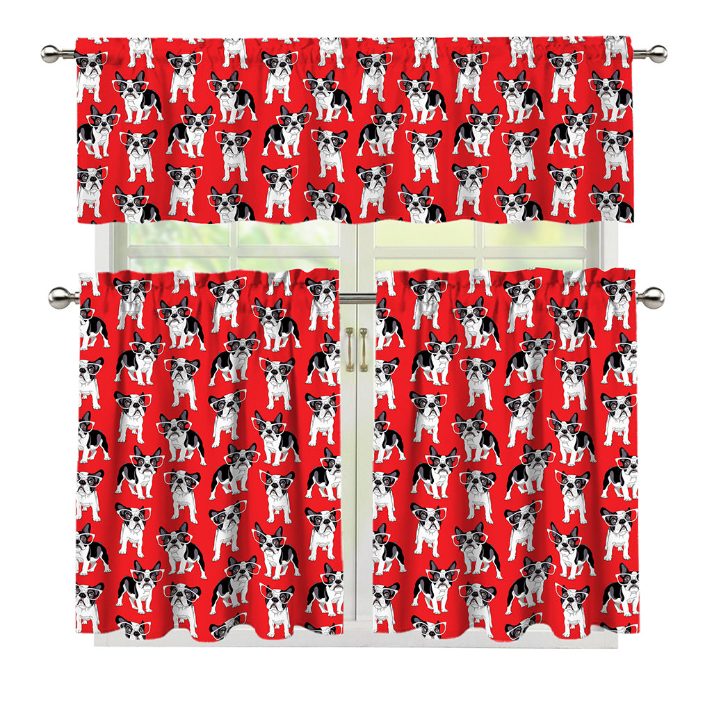 French Bulldog With Glasses Print 3 Piece Kitchen Curtains