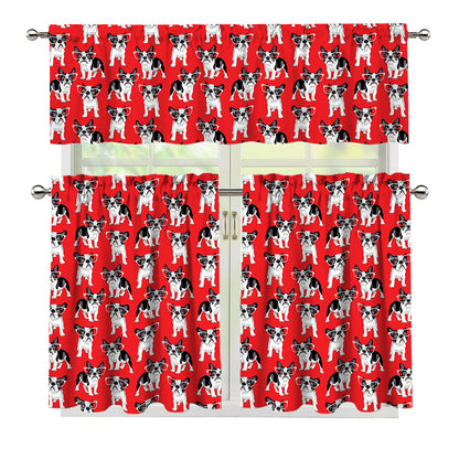 French Bulldog With Glasses Print 3 Piece Kitchen Curtains