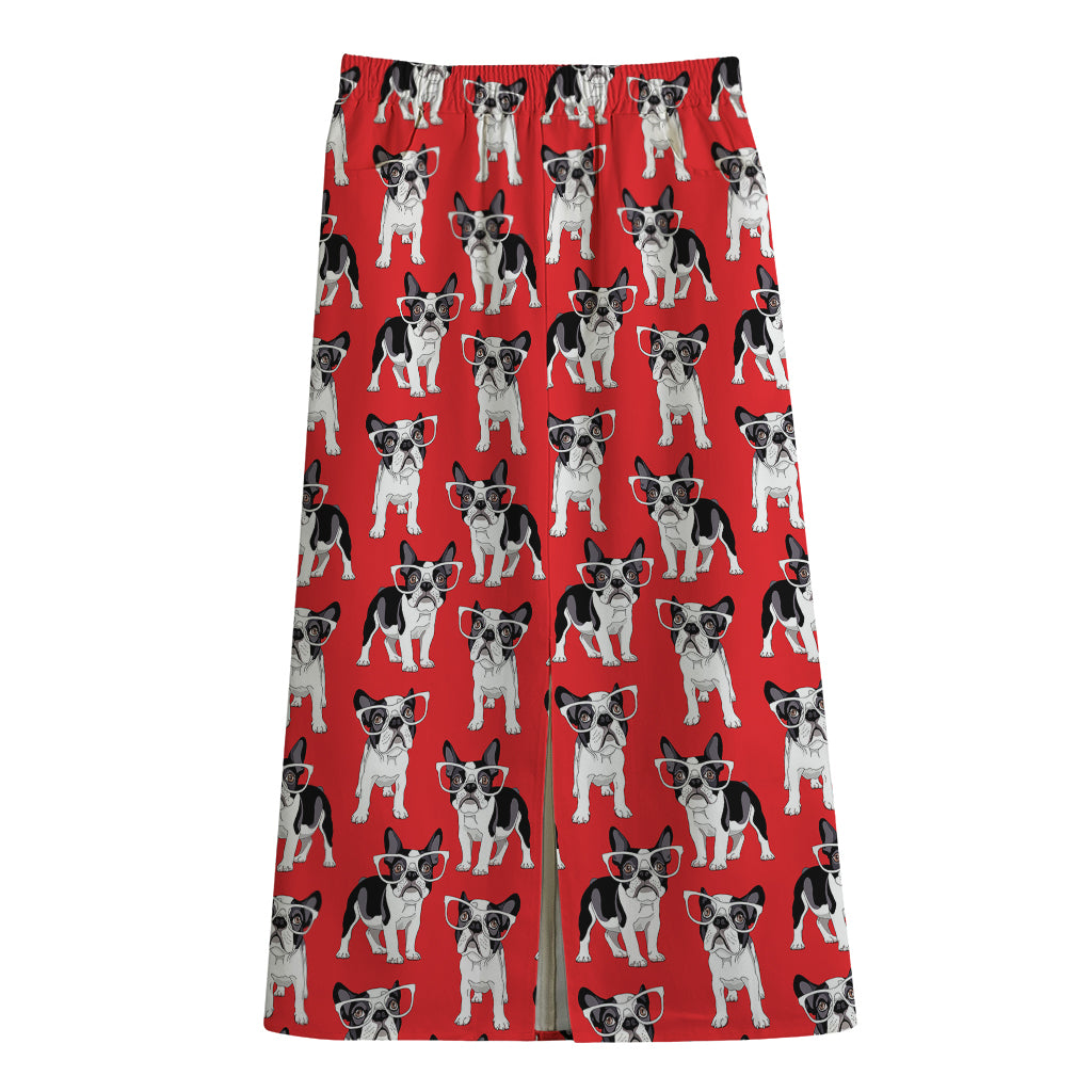 French Bulldog With Glasses Print Cotton Front Slit Maxi Skirt