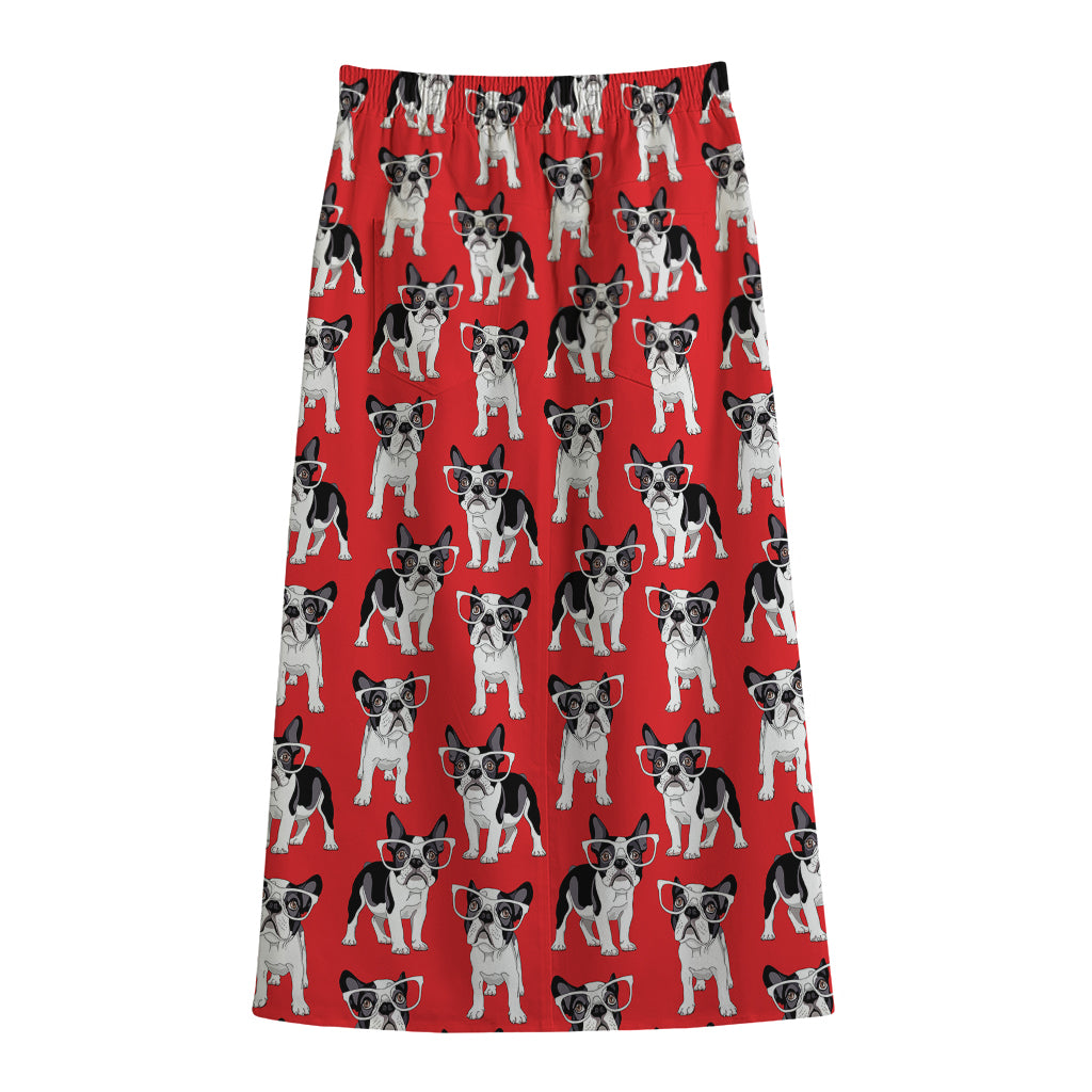 French Bulldog With Glasses Print Cotton Front Slit Maxi Skirt