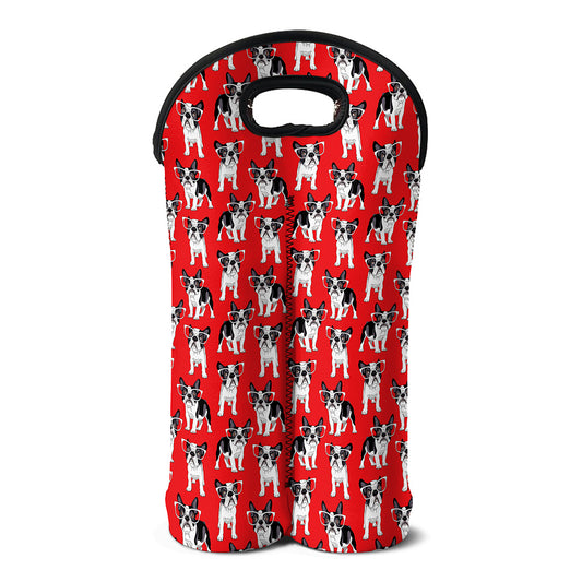 French Bulldog With Glasses Print Double Neoprene Wine Tote