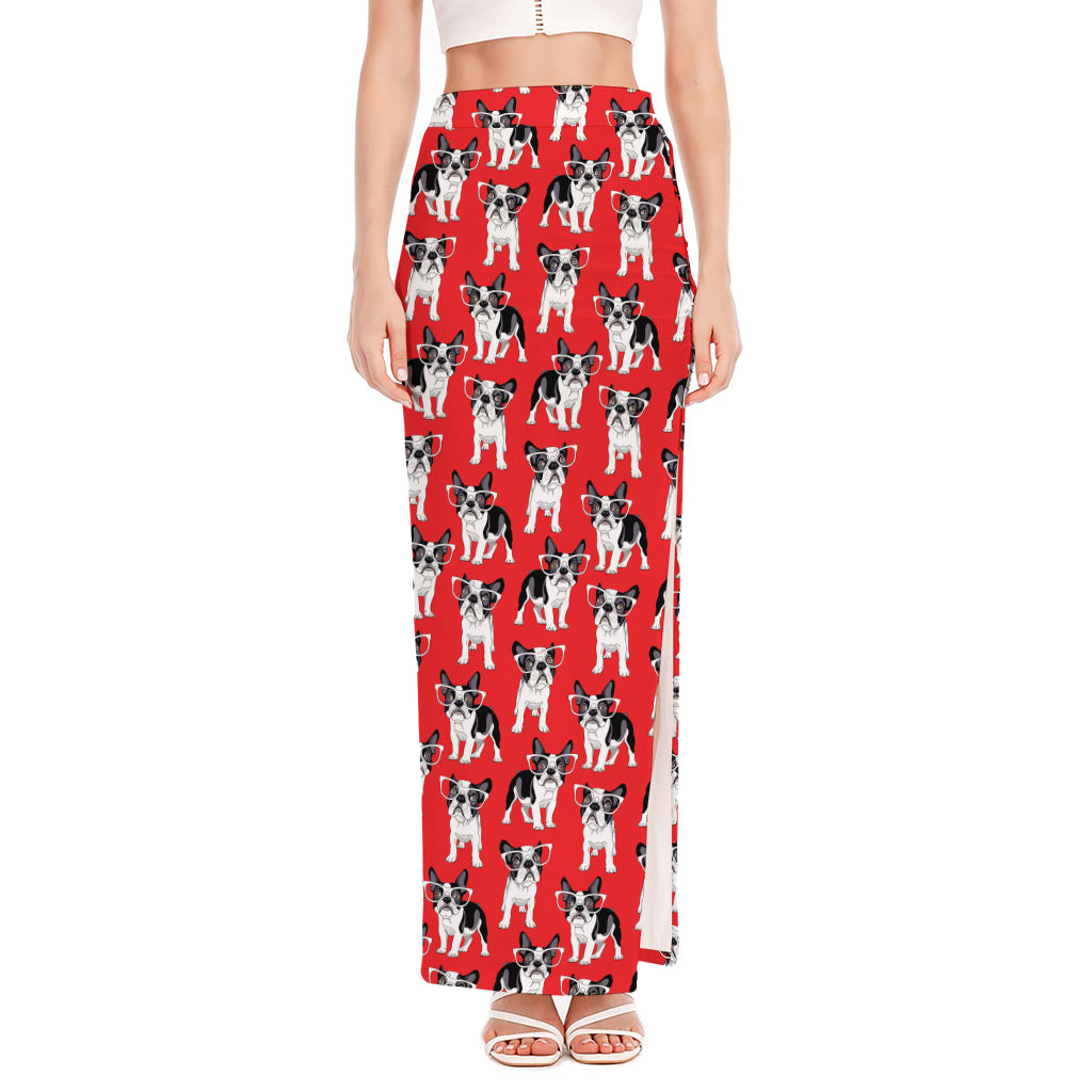 French Bulldog With Glasses Print High Slit Maxi Skirt