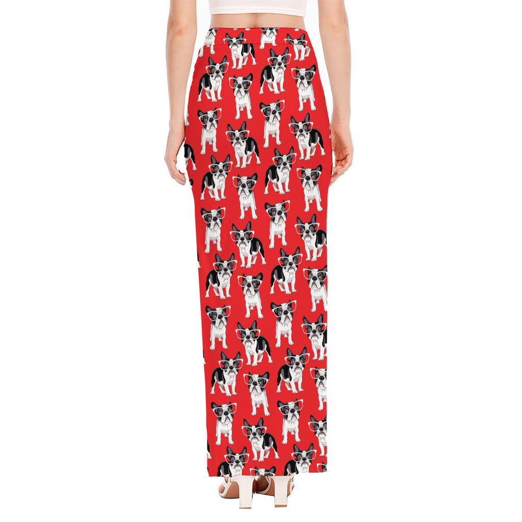 French Bulldog With Glasses Print High Slit Maxi Skirt