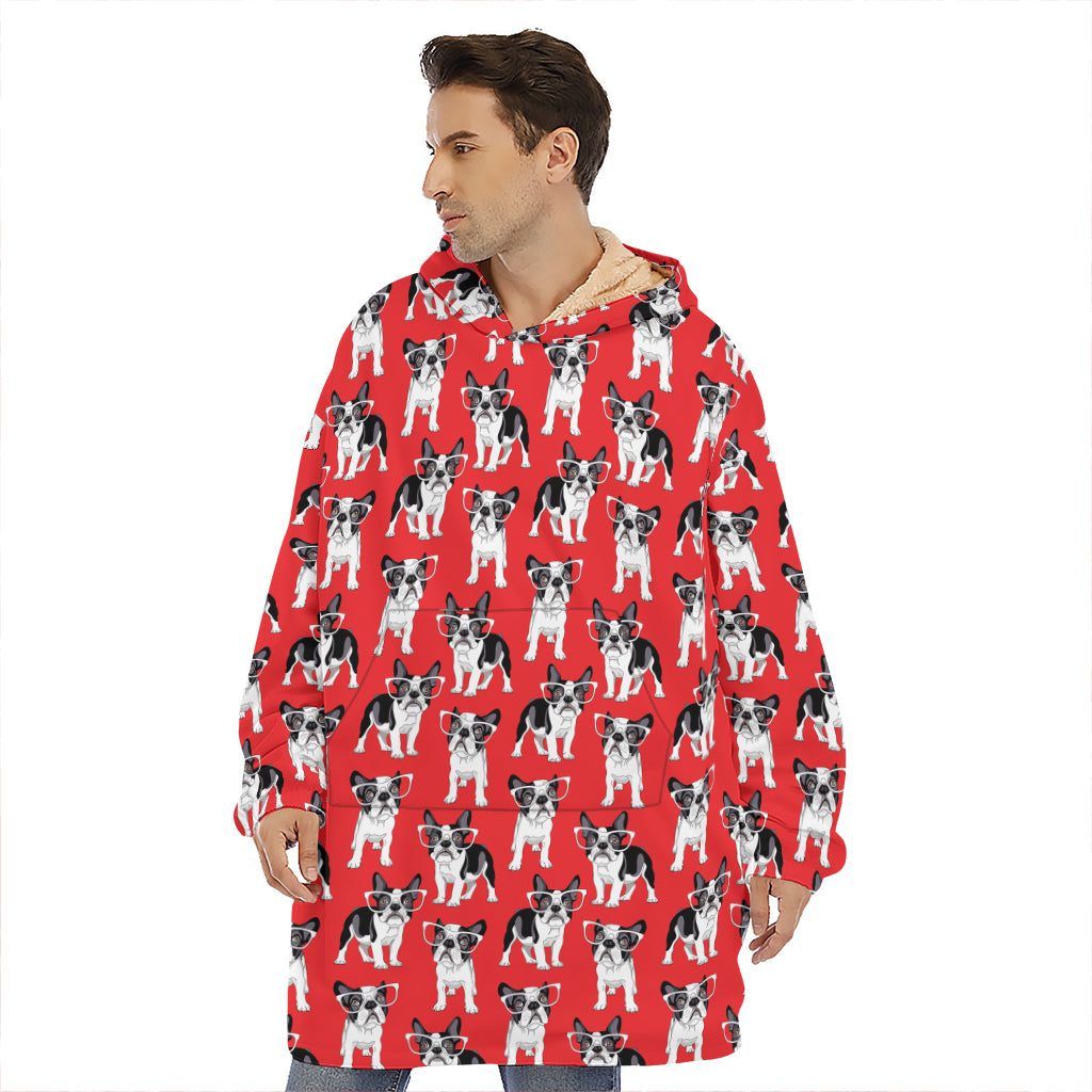 French Bulldog With Glasses Print Hoodie Blanket