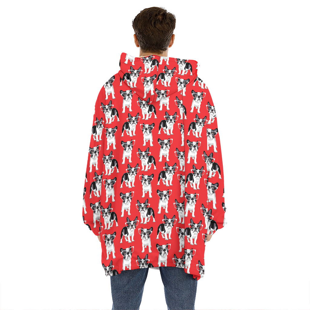 French Bulldog With Glasses Print Hoodie Blanket