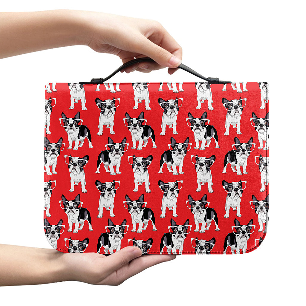 French Bulldog With Glasses Print Leather Bible Cover