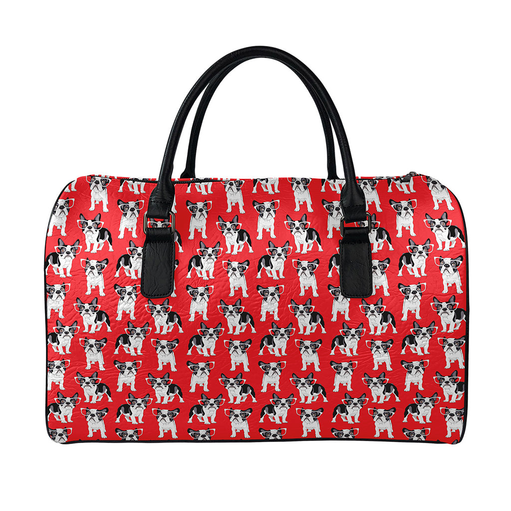 French Bulldog With Glasses Print Leather Duffle Bag