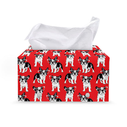 French Bulldog With Glasses Print Leather Tissue Box Cover