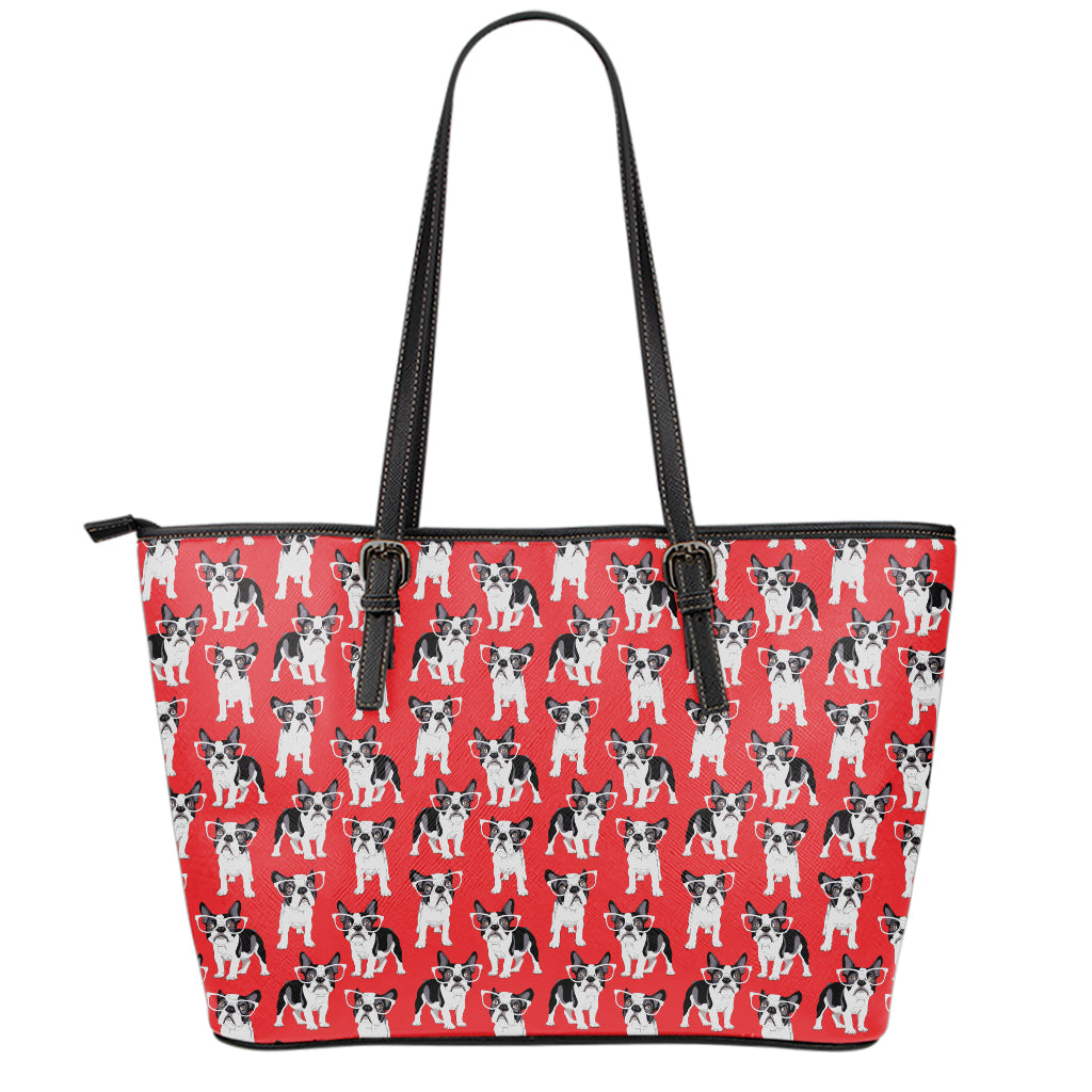 French Bulldog With Glasses Print Leather Tote Bag