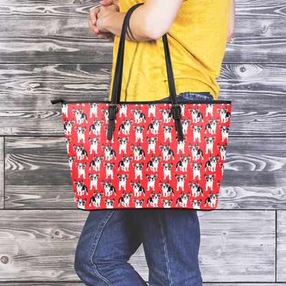 French Bulldog With Glasses Print Leather Tote Bag