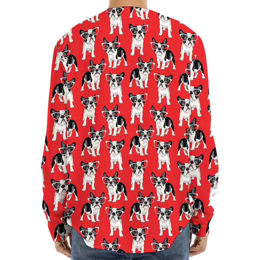 French Bulldog With Glasses Print Long Sleeve Baseball Jersey