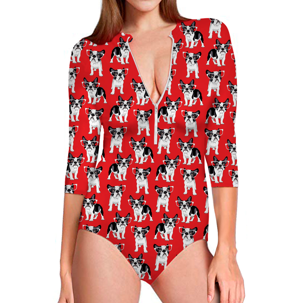 French Bulldog With Glasses Print Long Sleeve Swimsuit